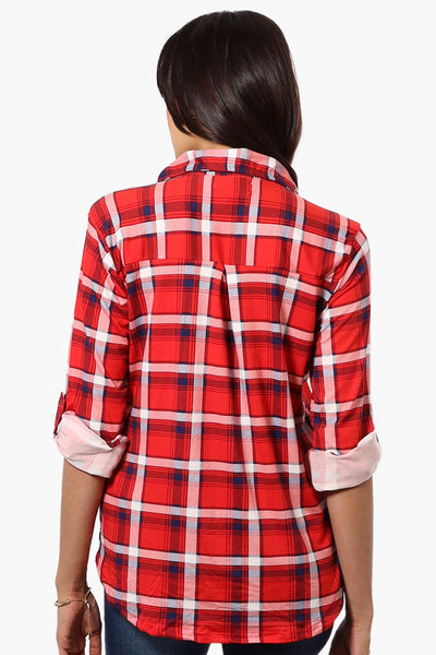 Urbanology Plaid Roll Up Sleeve Button Up Shirt - Red - Womens Shirts & Blouses - Fairweather