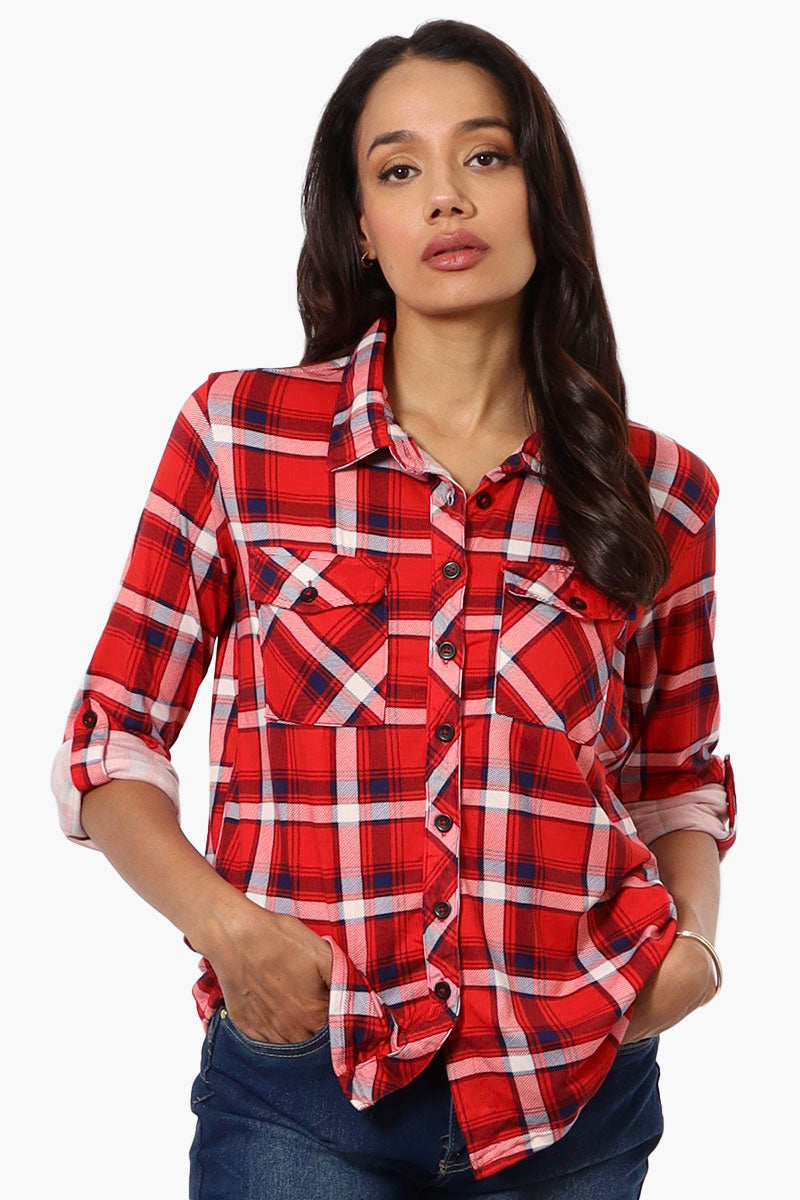 Urbanology Plaid Roll Up Sleeve Button Up Shirt - Red - Womens Shirts & Blouses - Fairweather