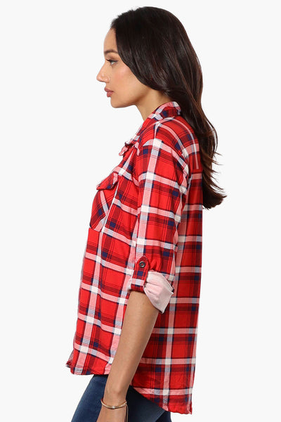 Urbanology Plaid Roll Up Sleeve Button Up Shirt - Red - Womens Shirts & Blouses - Fairweather