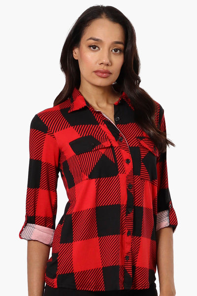 Urbanology Plaid Roll Up Sleeve Button Up Shirt - Red - Womens Shirts & Blouses - Fairweather