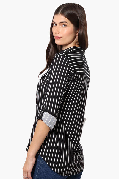 Urbanology Striped Roll Up Sleeve Button Up Shirt - Black - Womens Shirts & Blouses - Fairweather