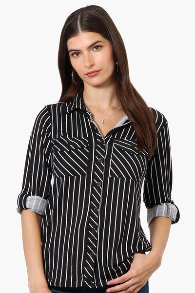 Urbanology Striped Roll Up Sleeve Button Up Shirt - Black - Womens Shirts & Blouses - Fairweather