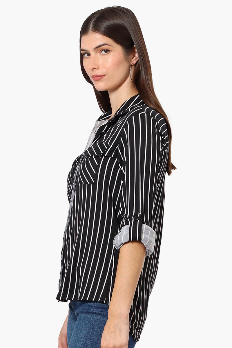 Urbanology Striped Roll Up Sleeve Button Up Shirt - Black - Womens Shirts & Blouses - Fairweather