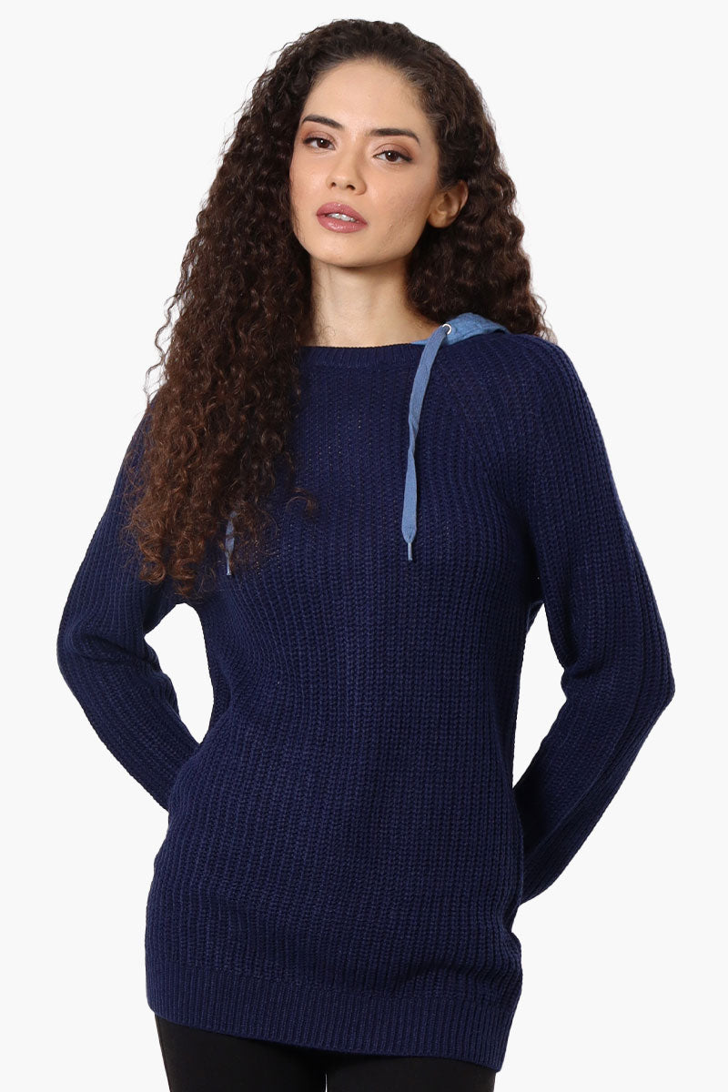 New Look Hooded Knit Pullover Sweater - Navy - Womens Pullover Sweaters - Fairweather