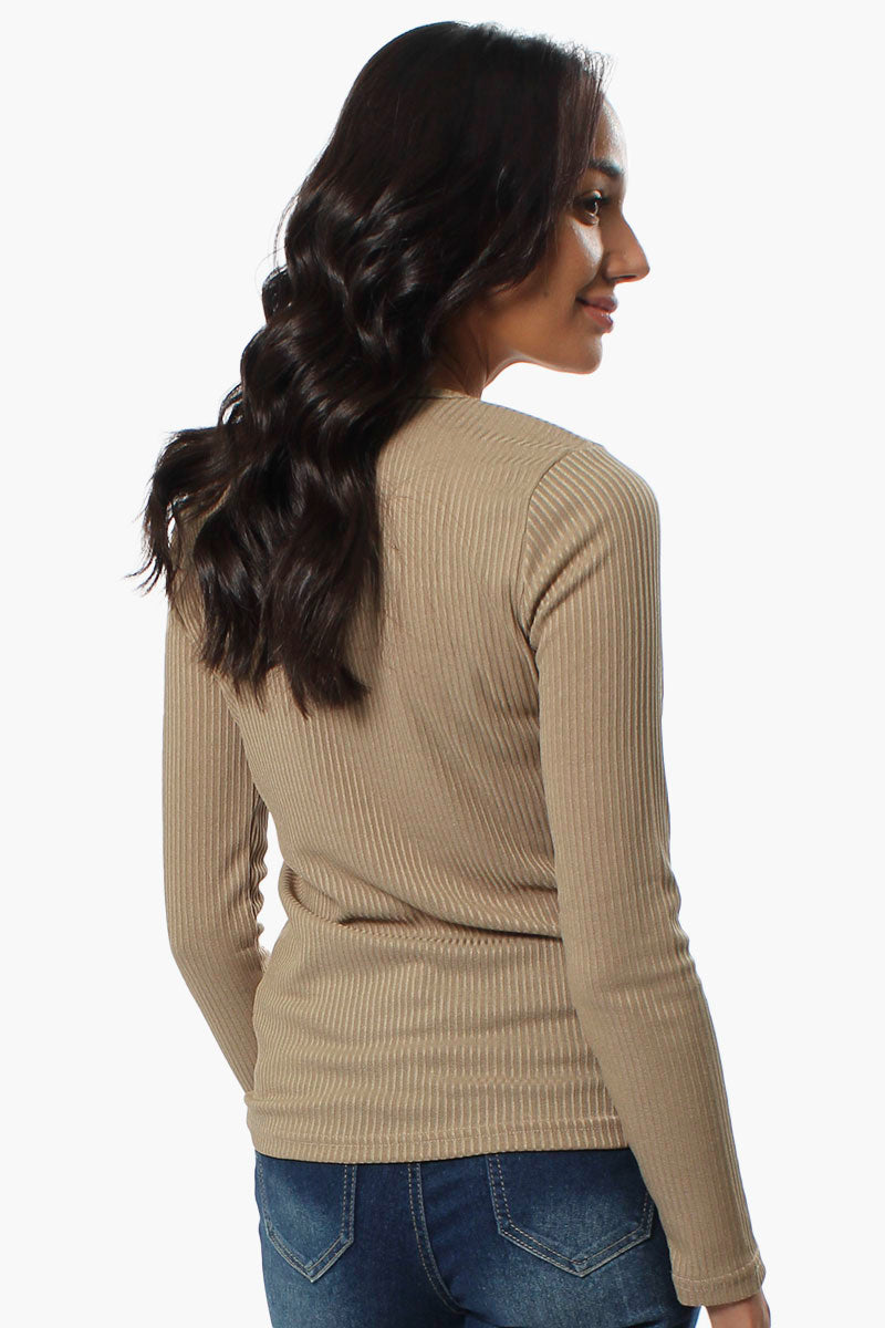 Magazine Ribbed Front Twist Long Sleeve Top - Beige - Womens Long Sleeve Tops - Fairweather