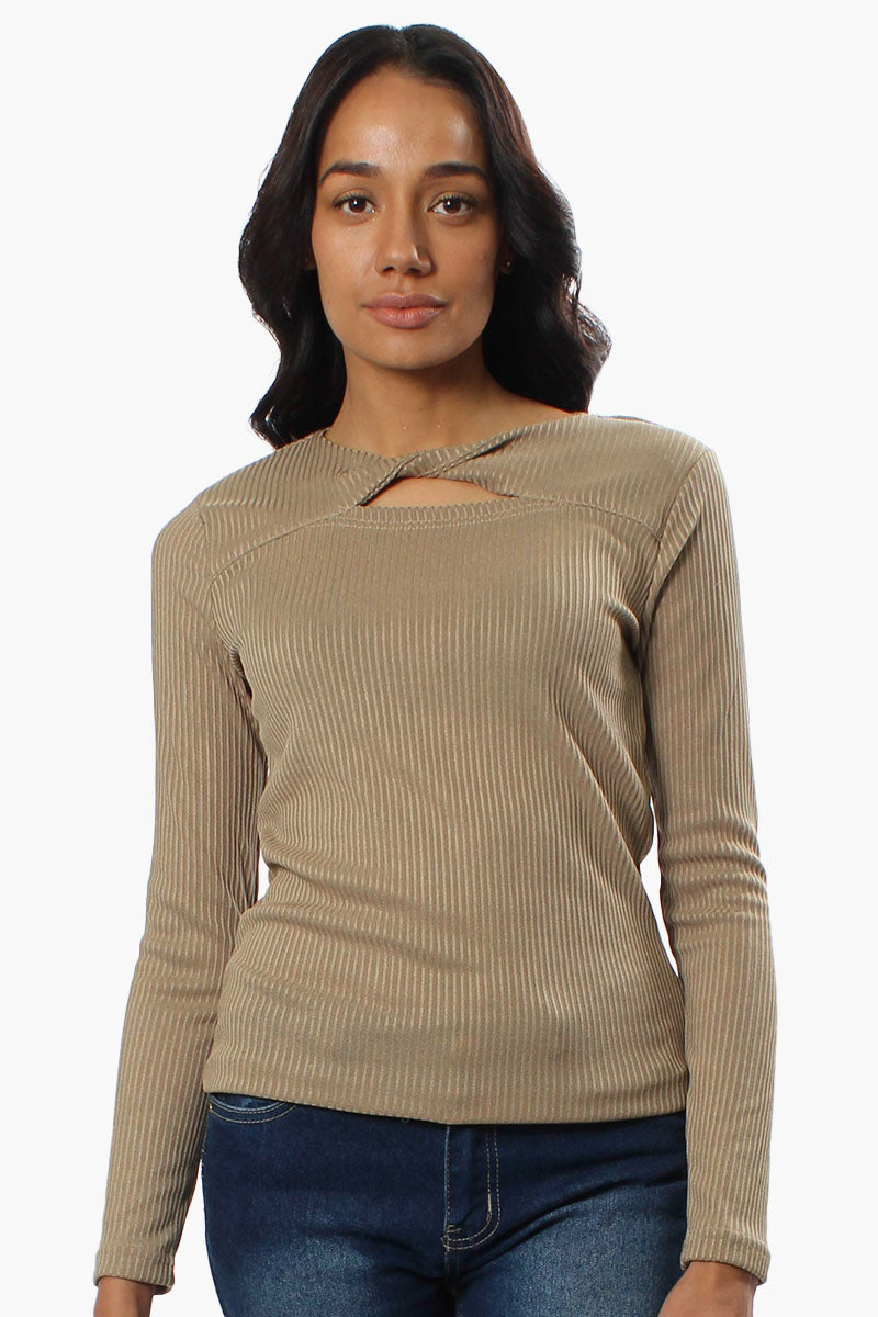 Magazine Ribbed Front Twist Long Sleeve Top - Beige - Womens Long Sleeve Tops - Fairweather