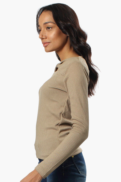 Magazine Ribbed Front Twist Long Sleeve Top - Beige - Womens Long Sleeve Tops - Fairweather