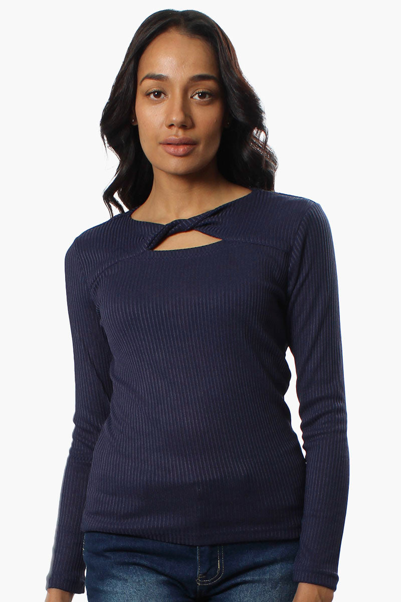 Magazine Ribbed Front Twist Long Sleeve Top - Navy - Womens Long Sleeve Tops - Fairweather