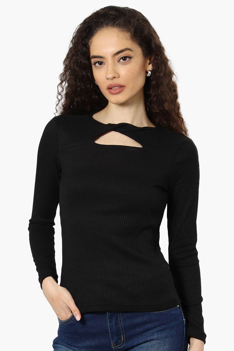 Magazine Ribbed Front Twist Long Sleeve Top - Black - Womens Long Sleeve Tops - Fairweather