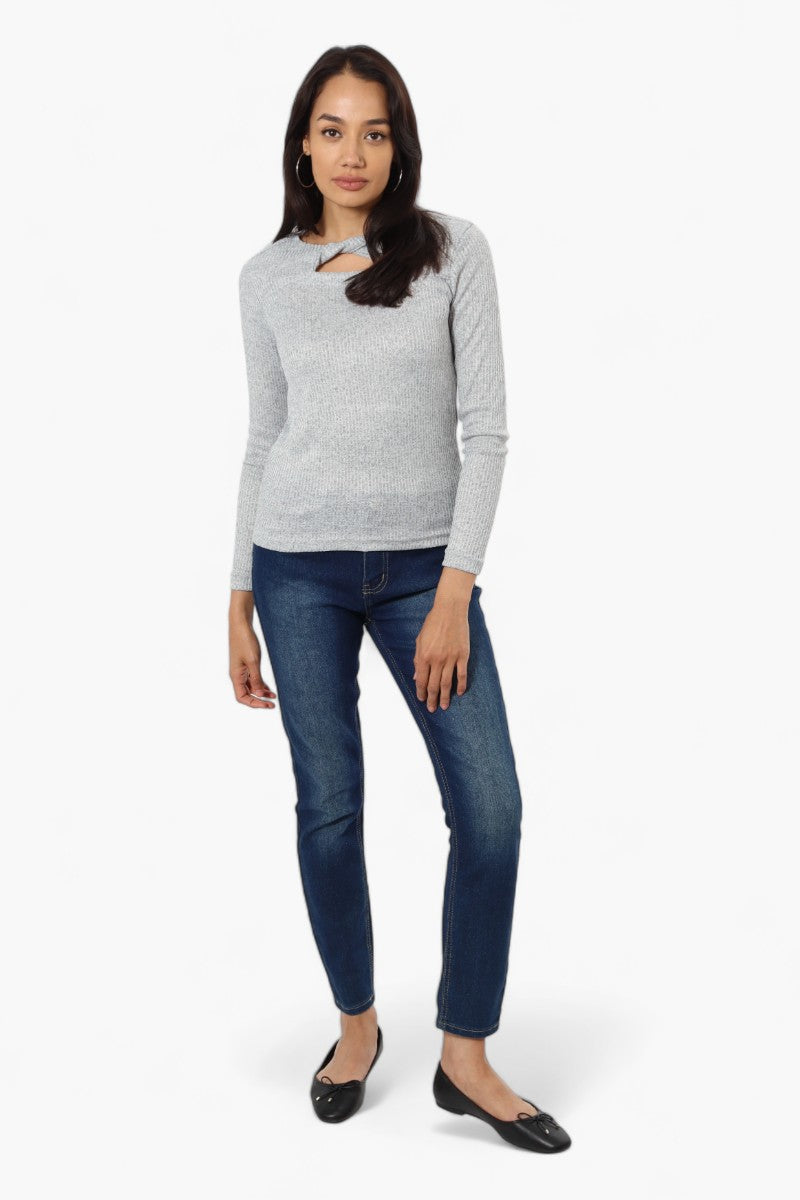 Magazine Ribbed Front Twist Long Sleeve Top - Grey - Womens Long Sleeve Tops - Fairweather