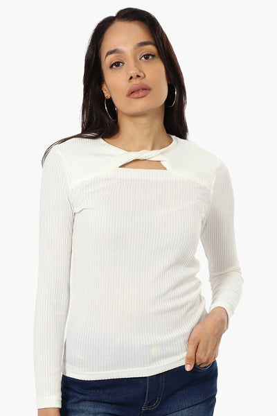 Magazine Ribbed Front Twist Long Sleeve Top - White - Womens Long Sleeve Tops - Fairweather