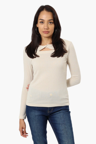 Magazine Ribbed Front Twist Long Sleeve Top - Beige - Womens Long Sleeve Tops - Fairweather