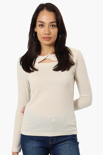 Magazine Ribbed Front Twist Long Sleeve Top - Beige - Womens Long Sleeve Tops - Fairweather