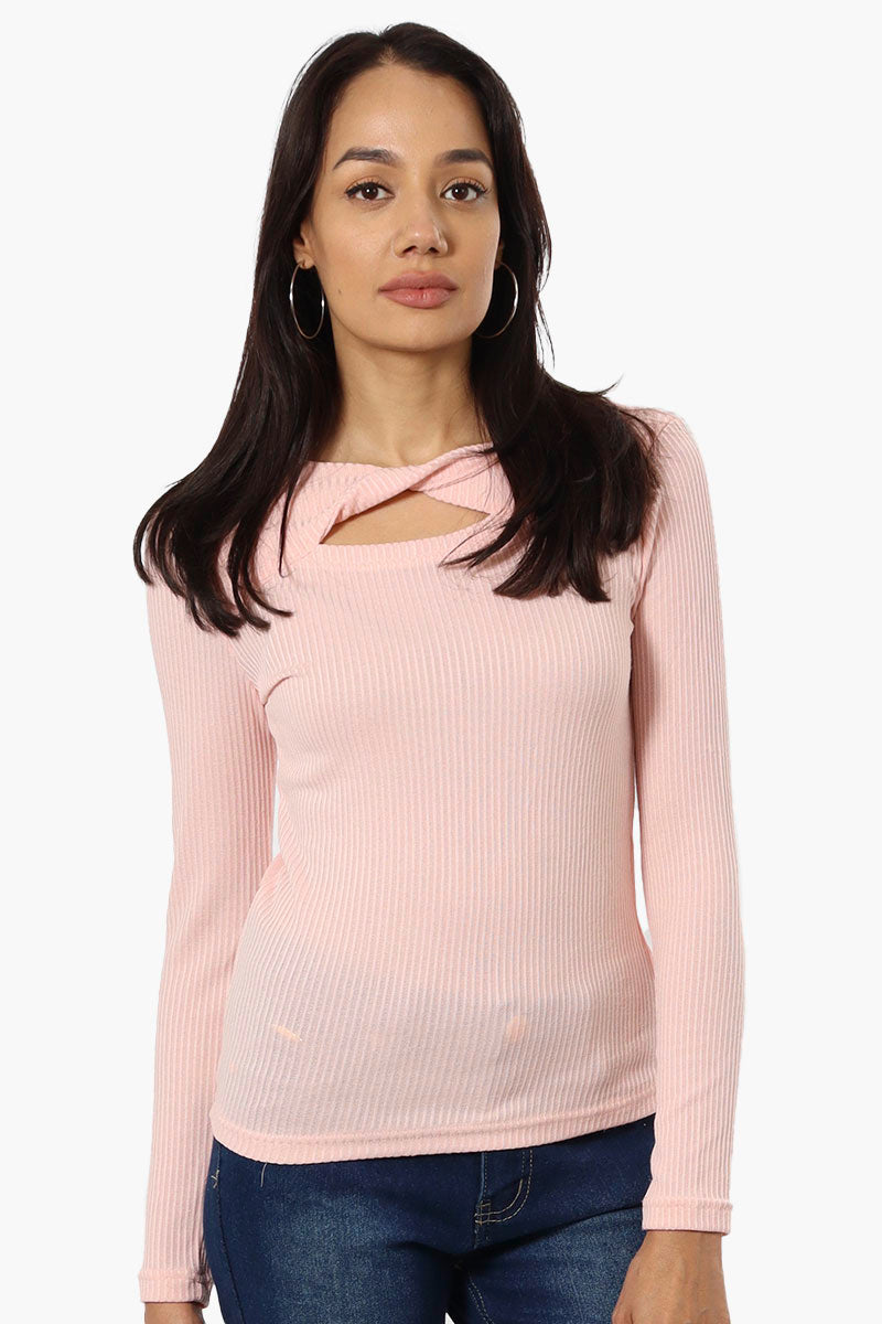 Magazine Ribbed Front Twist Long Sleeve Top - Pink - Womens Long Sleeve Tops - Fairweather