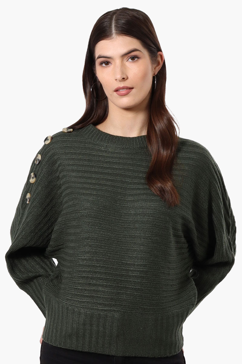 International INC Company Button Shoulder Pullover Sweater - Olive - Womens Pullover Sweaters - Fairweather