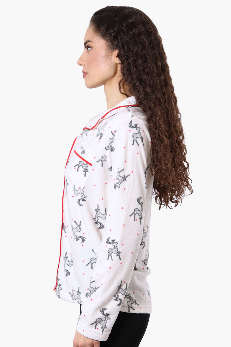 Canada Weather Gear Button Down Reindeer Pattern Pajama Top - White - Womens Pajamas - Fairweather