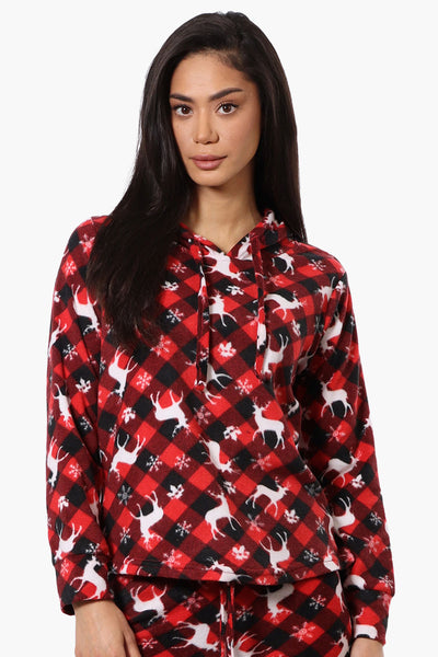 Canada Weather Gear Plaid Reindeer Pattern Hooded Pajama Top - Red - Womens Pajamas - Fairweather