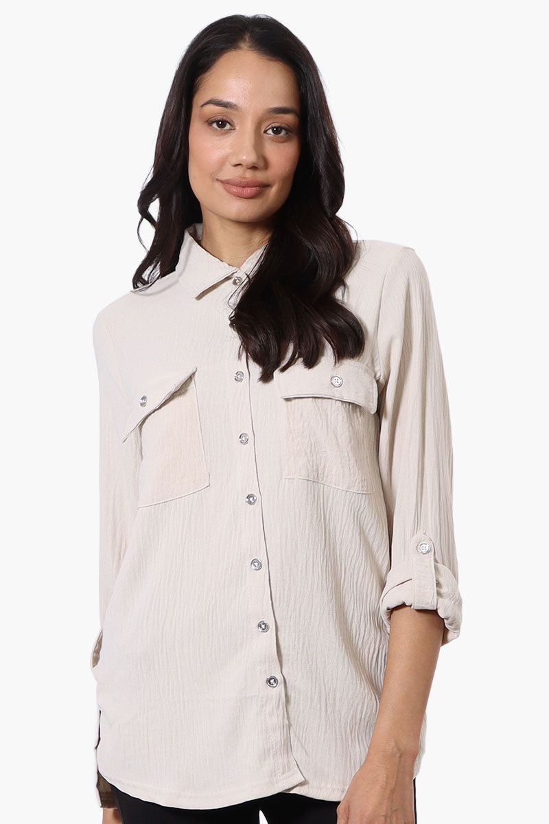 International INC Company Button Down Roll Up Sleeve Shirt - Beige - Womens Shirts & Blouses - Fairweather