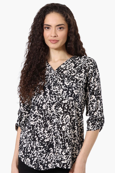 Beechers Brook Patterned Roll Up Sleeve Blouse - White - Womens Shirts & Blouses - Fairweather