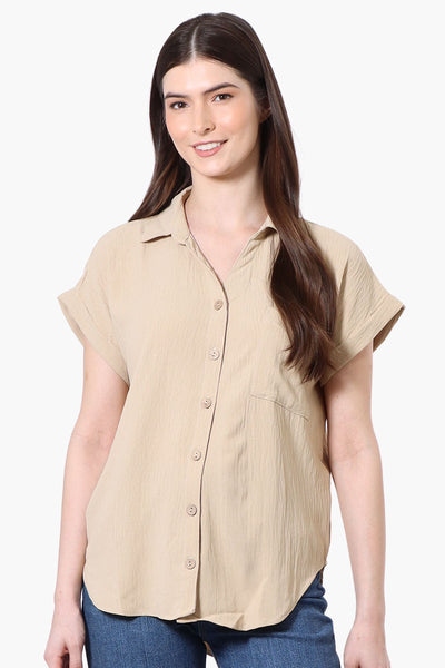 Urbanology Short Sleeve Button Down Shirt - Beige - Womens Shirts & Blouses - Fairweather