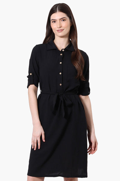 Style Xchange Vintage Belted Roll Up Sleeve Day Dress - Black - Womens Day Dresses - Fairweather