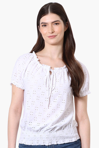 Urbanology Eyelet Drawstring Neck Blouse - White - Womens Shirts & Blouses - Fairweather