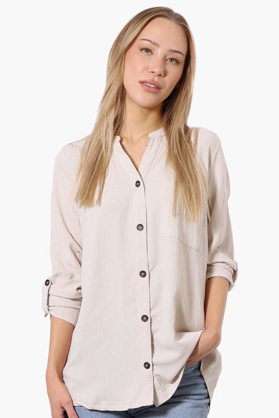 Urbanology Button Down Roll Up Sleeve Shirt - Cream - Womens Shirts & Blouses - Fairweather