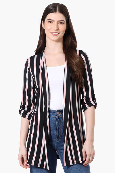 Majora Striped Roll Up Sleeve Wrap Cardigan - Black - Womens Blazers - Fairweather