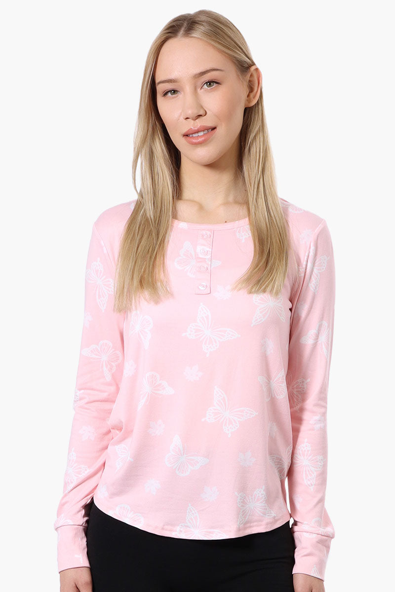 Canada Weather Gear Butterfly Pattern Henley Pajama Top - Pink - Womens Pajamas - Fairweather