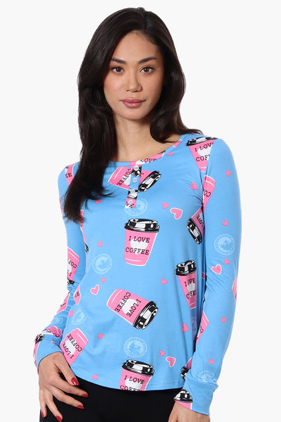 Canada Weather Gear I Love Coffee Pattern Henley Pajama Top - Blue - Womens Pajamas - Fairweather