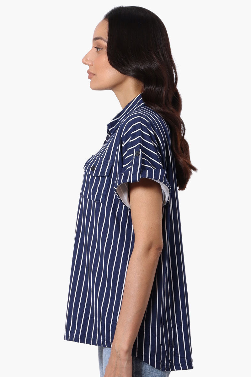 Urbanology Striped Button Down Short Sleeve Shirt - Navy