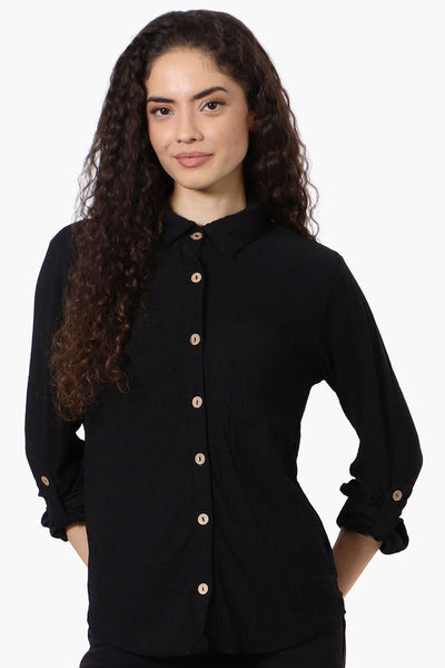 Style Xchange Vintage Button Down Roll Up Sleeve Shirt - Black - Womens Shirts & Blouses - Fairweather