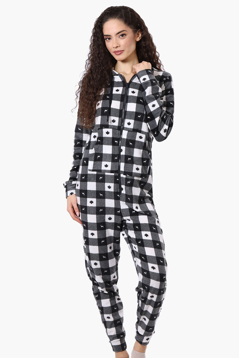 Canada Weather Gear Hooded Plaid Fleece Onesie - Black - Womens Onesies - Fairweather