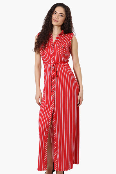 International INC Company Striped Belted Button Down Maxi Dress - Red - Womens Maxi Dresses - Fairweather