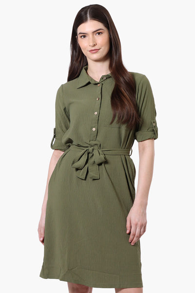 Style Xchange Vintage Belted Roll Up Sleeve Day Dress - Olive - Womens Day Dresses - Fairweather