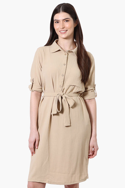 Style Xchange Vintage Belted Roll Up Sleeve Day Dress - Beige - Womens Day Dresses - Fairweather