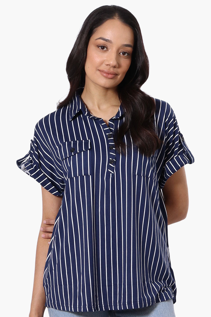 Urbanology Striped Button Down Short Sleeve Shirt - Navy