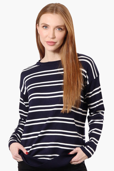 Beechers Brook Striped Round Neck Pullover Sweater - Navy - Womens Pullover Sweaters - Fairweather