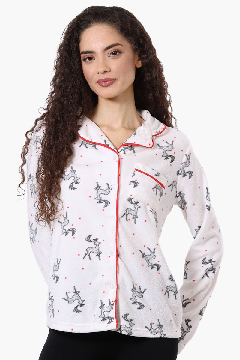 Canada Weather Gear Button Down Reindeer Pattern Pajama Top - White - Womens Pajamas - Fairweather