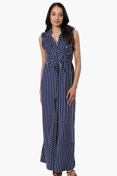 International INC Company Striped Belted Button Down Maxi Dress - Navy - Womens Maxi Dresses - Fairweather