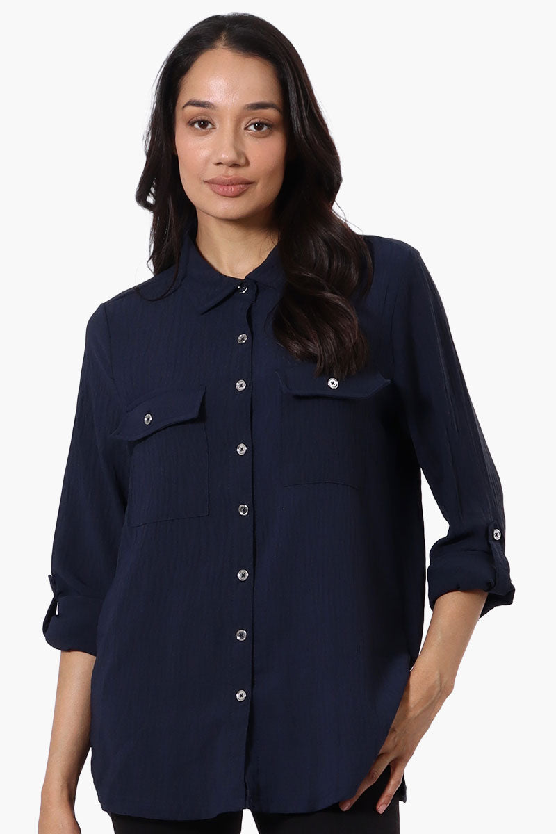 International INC Company Button Down Roll Up Sleeve Shirt - Navy