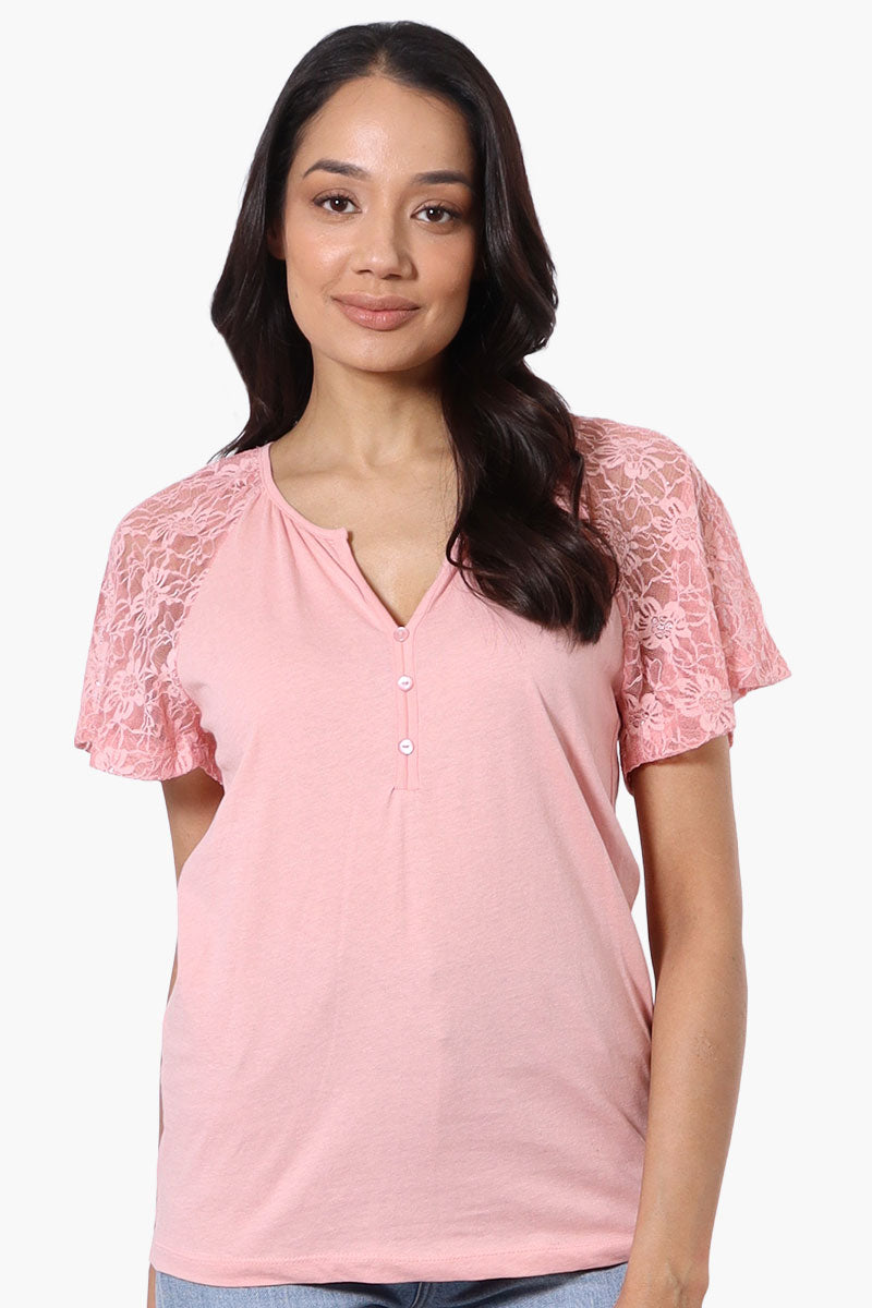 Majora Lace Cap Sleeve V-Neck Tee - Pink