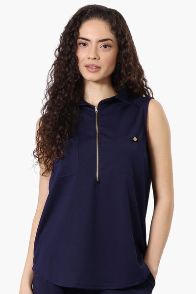 Costa Blanca Half Zip Sleeveless Blouse - Navy - Womens Shirts & Blouses - Fairweather