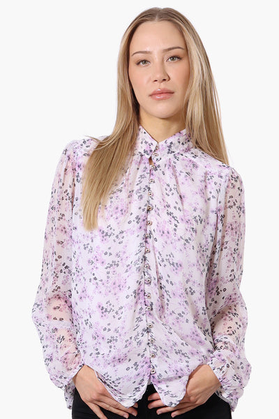 Limite Floral Mock Neck Sheer Blouse - Lavender - Womens Shirts & Blouses - Fairweather