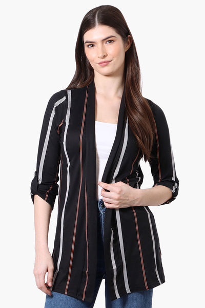 International INC Company Striped Roll Up Sleeve Wrap Cardigan - Black - Womens Cardigans - Fairweather