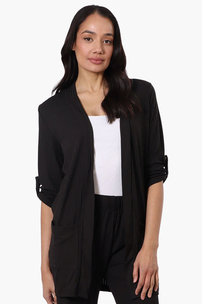 Majora Ribbed Roll Up Sleeve Wrap Cardigan - Black - Womens Cardigans - Fairweather