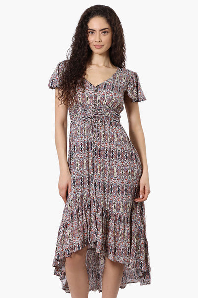 Limite Patterned Cinched Waist High Low Midi Dress - Multi - Womens Midi Dresses - Fairweather