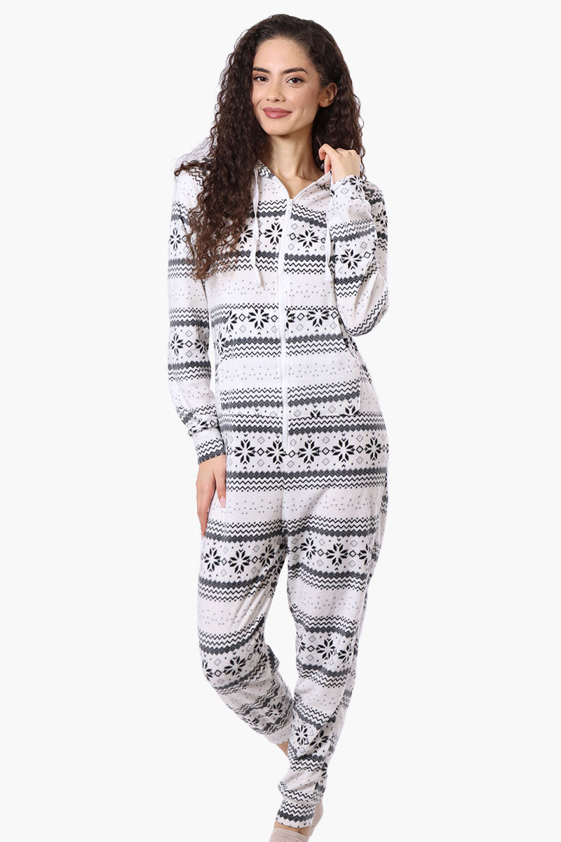 Canada Weather Gear Hooded Festive Pattern Fleece Onesie - White - Womens Onesies - Fairweather