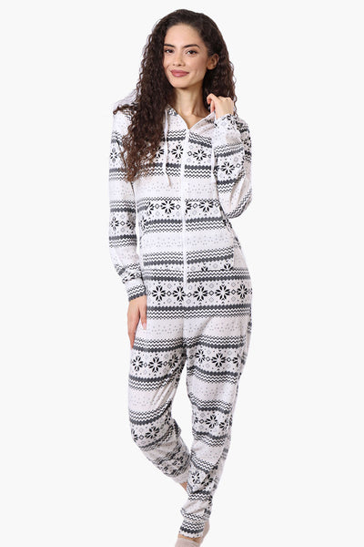 Canada Weather Gear Hooded Festive Pattern Fleece Onesie - White - Womens Onesies - Fairweather