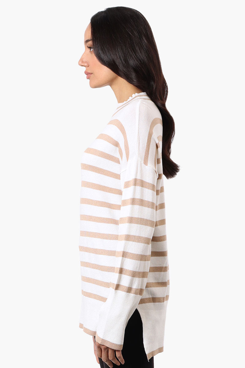 Beechers Brook Striped Mock Neck Pullover Sweater - Beige - Womens Pullover Sweaters - Fairweather